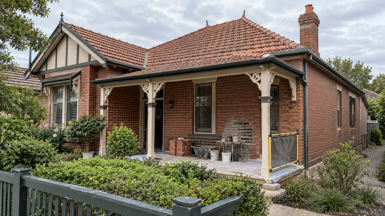 AI-generated illustration of a Federation-style brick home undergoing verandah masonry repairs.