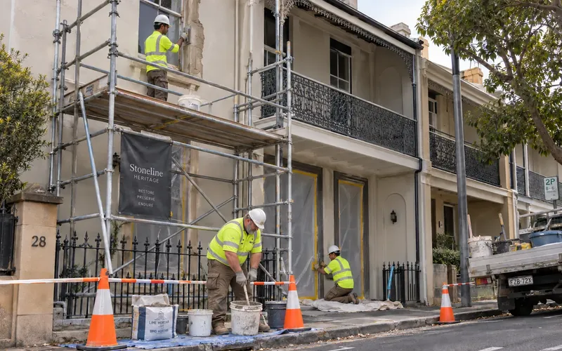 Three workers repairing a heritage terrace façade, with scaffolding, protected windows and an ornate iron balcony.
