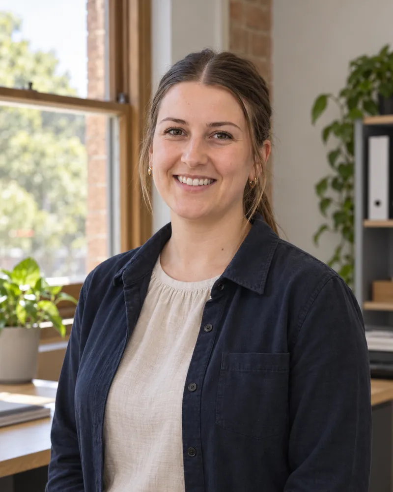 Illustrative portrait for Karri Fenwick’s profile, wearing a navy overshirt and cream blouse in a bright office beside a timber-framed window.